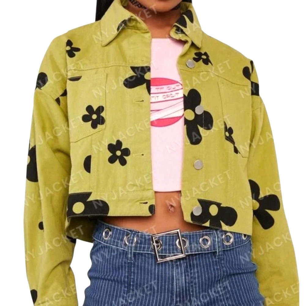 Le Lis Collection Cropped Green And Black Floral Denim Jacket Women's Size Large